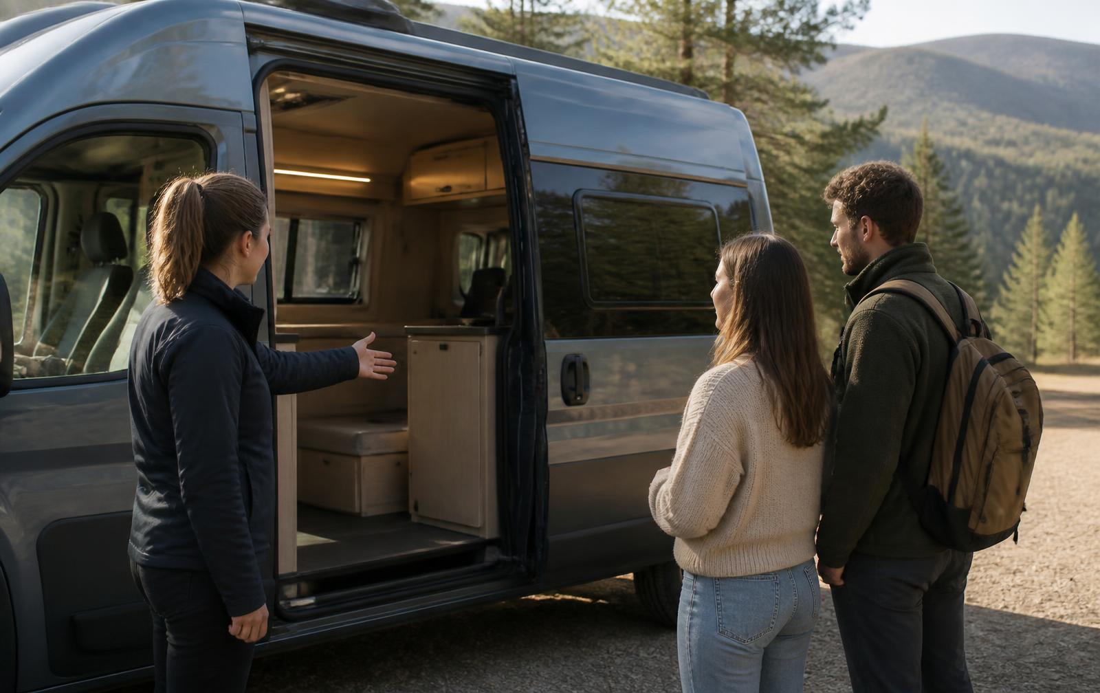 A rental staff member in a plain work jacket standing at the open side door of a clean campervan, gesturing as she explains the interior layout to a couple with a backpack, gravel yard with pine forest and hills behind