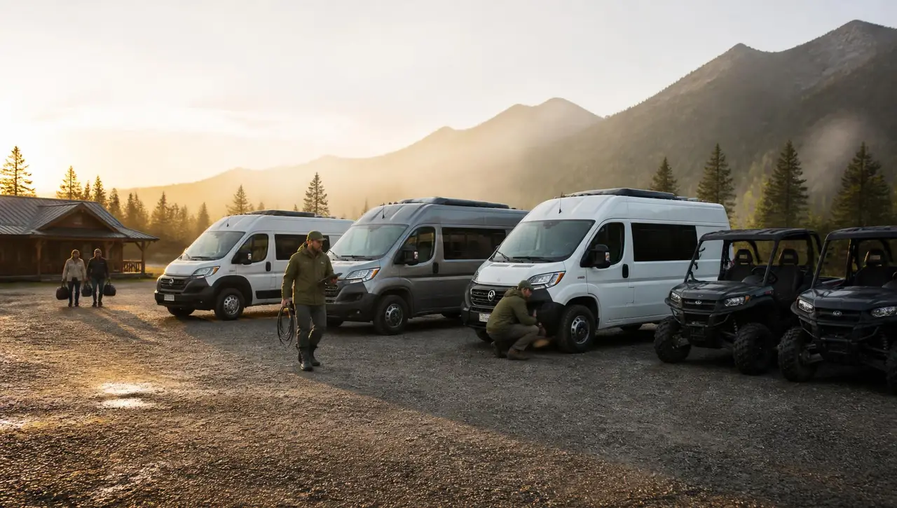 Early morning at an outdoor vehicle rental base: three clean campervans and two side-by-side UTVs lined up on a gravel yard, one staff member crouched checking a wheel and another walking the line with a tablet while two customers arrive with duffel bags from a timber office building, mist and forested mountains behind