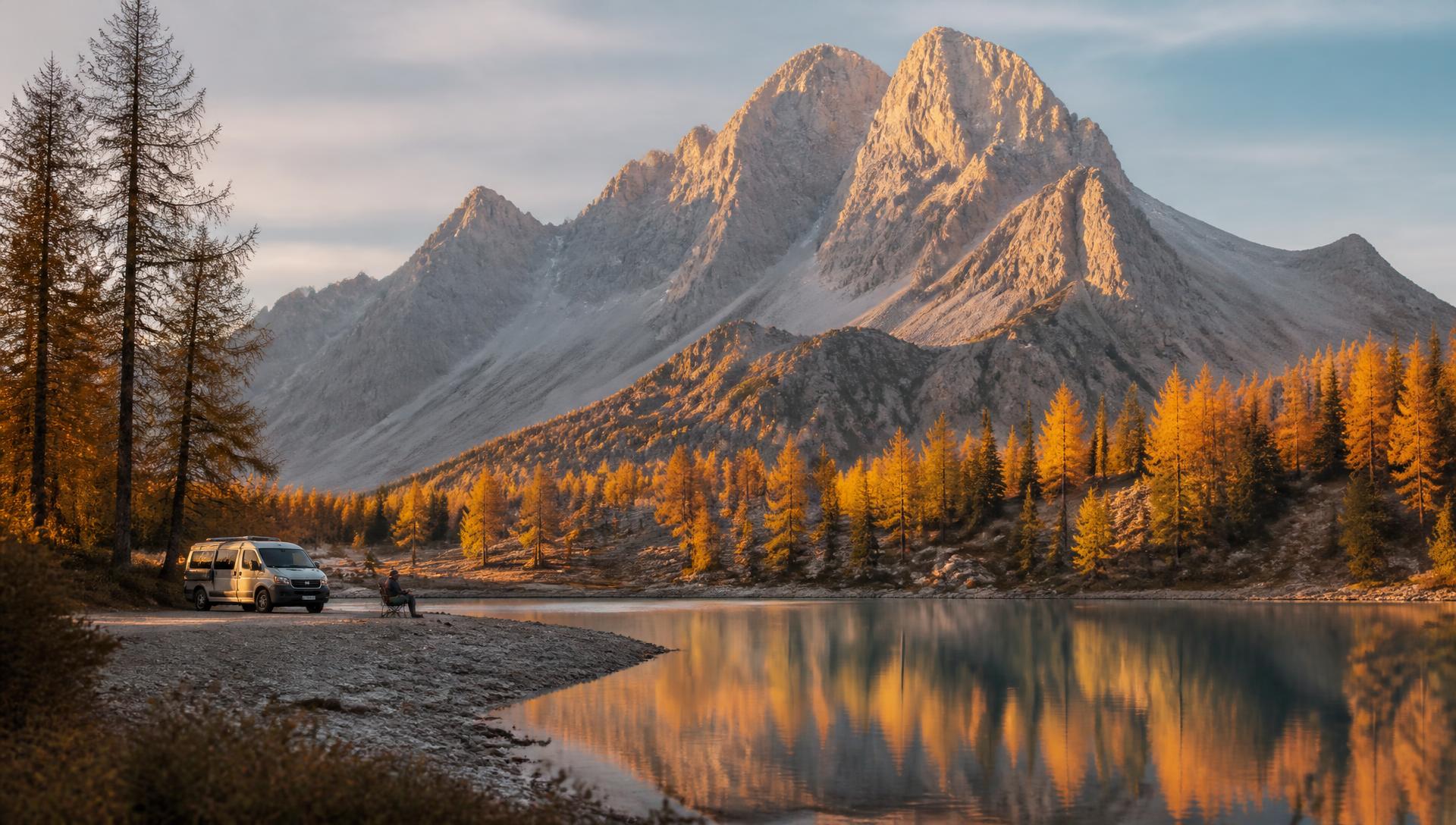 A small campervan parked on an established gravel pull-in beside a still alpine lake at sunset, dwarfed by a granite mountain range and golden larch forest reflected in the water, one person sitting quietly in a camp chair