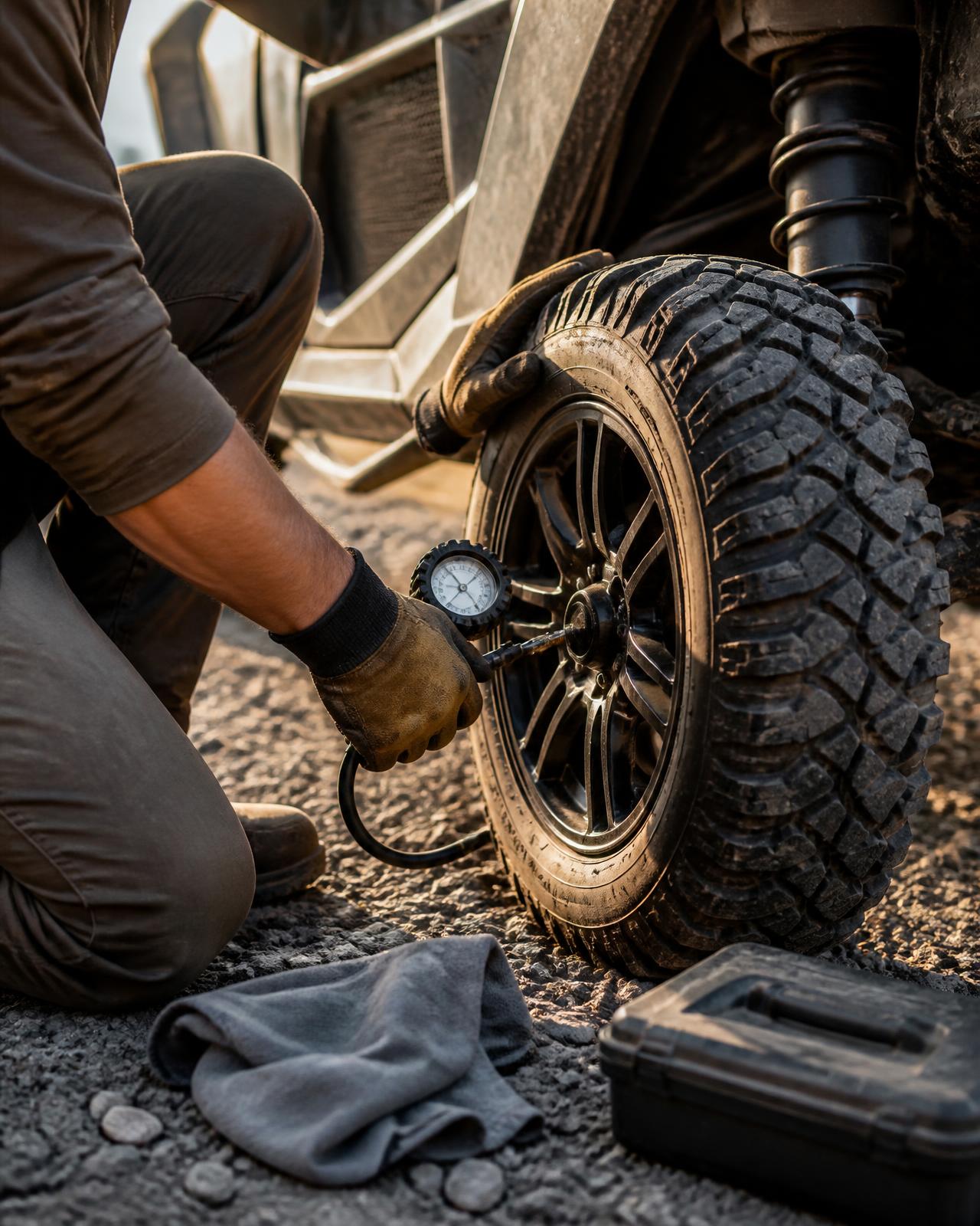 Close view of a rental technician in work gloves crouched on gravel checking the tire pressure of a side-by-side UTV, gauge in hand, cloth and small toolbox on the ground beside the wheel