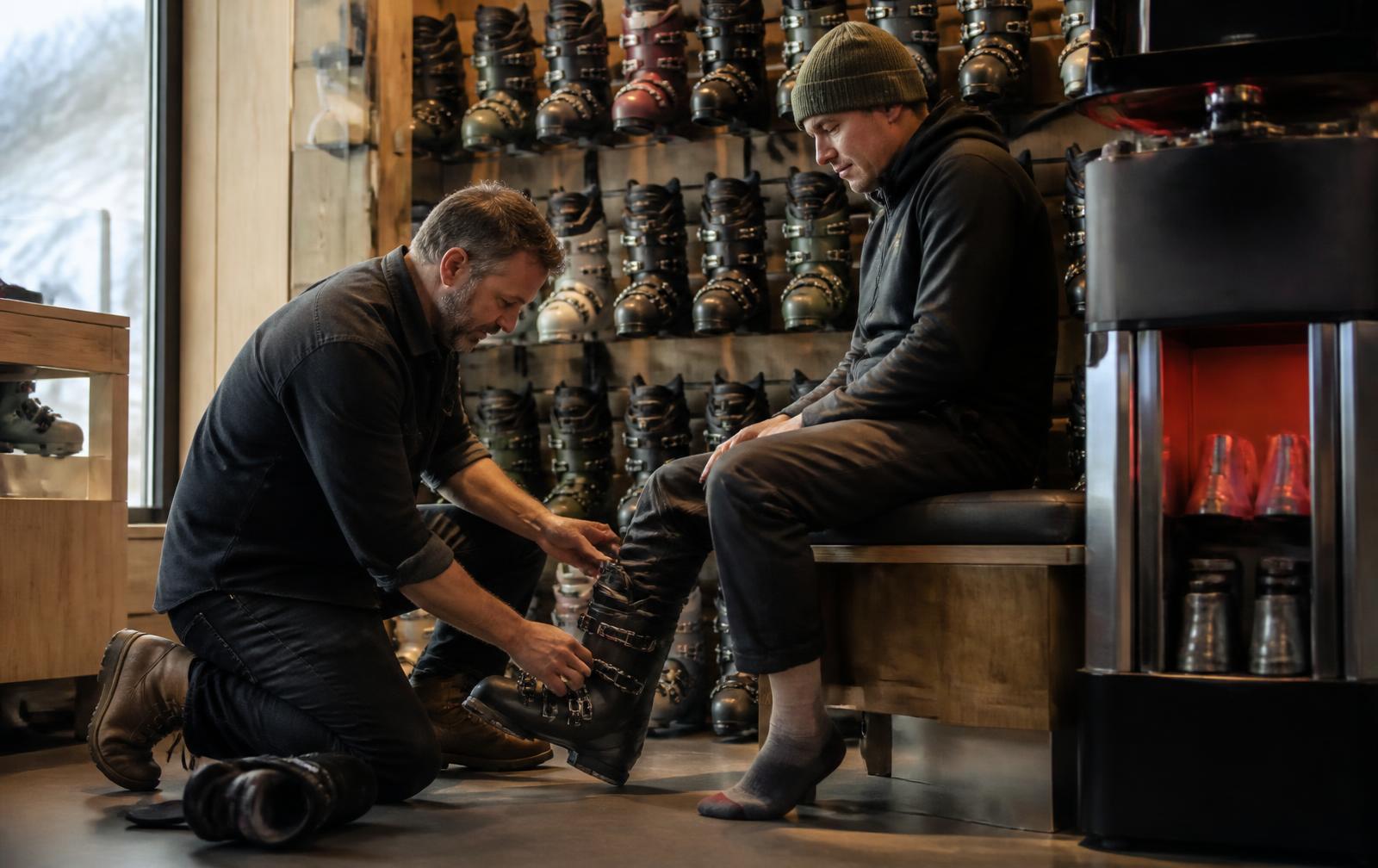 Boot fitter kneeling to adjust a ski boot for a seated customer in front of a full boot wall in a specialty ski shop