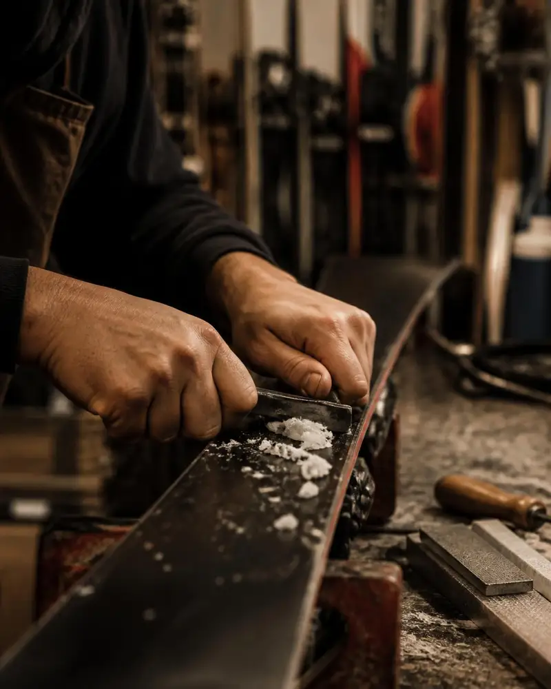 Close-up of gloved hands scraping wax from a ski base with a metal scraper in the tuning room