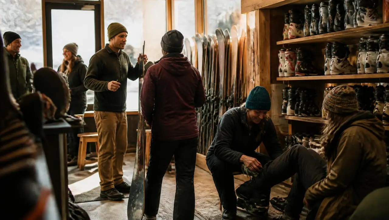 Staff and customers inside a busy mountain-town ski and snowboard shop, one employee showing a snowboard while another fits a boot beside a wall of ski boots