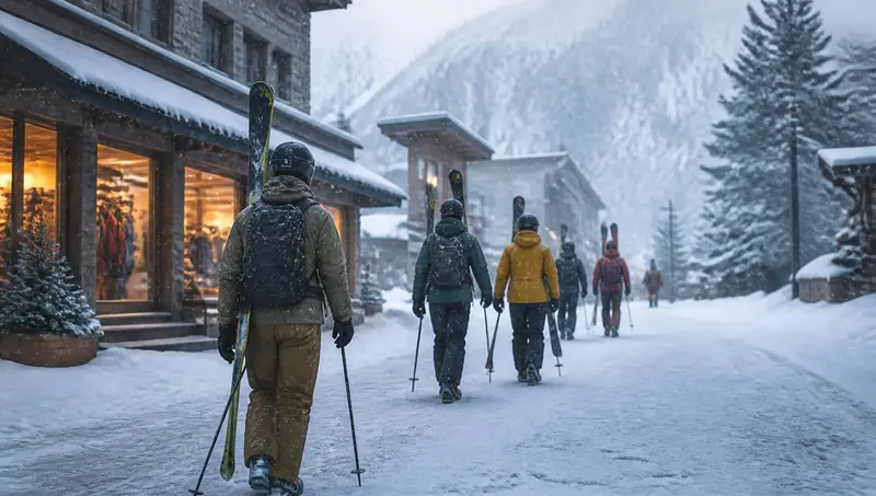 Skiers carrying skis over their shoulders walking down a snowy village street past a glowing shop window at dusk