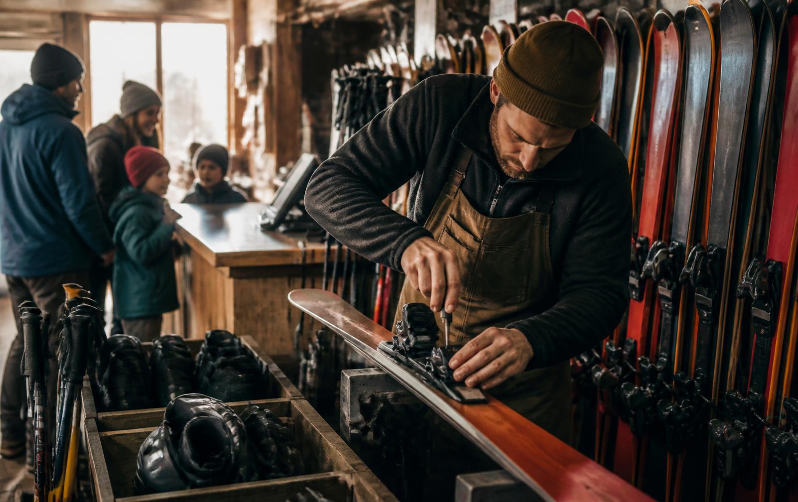 Rental technician adjusting a binding on a ski at a shop rental counter while a family waits nearby among racks of skis and bins of boots