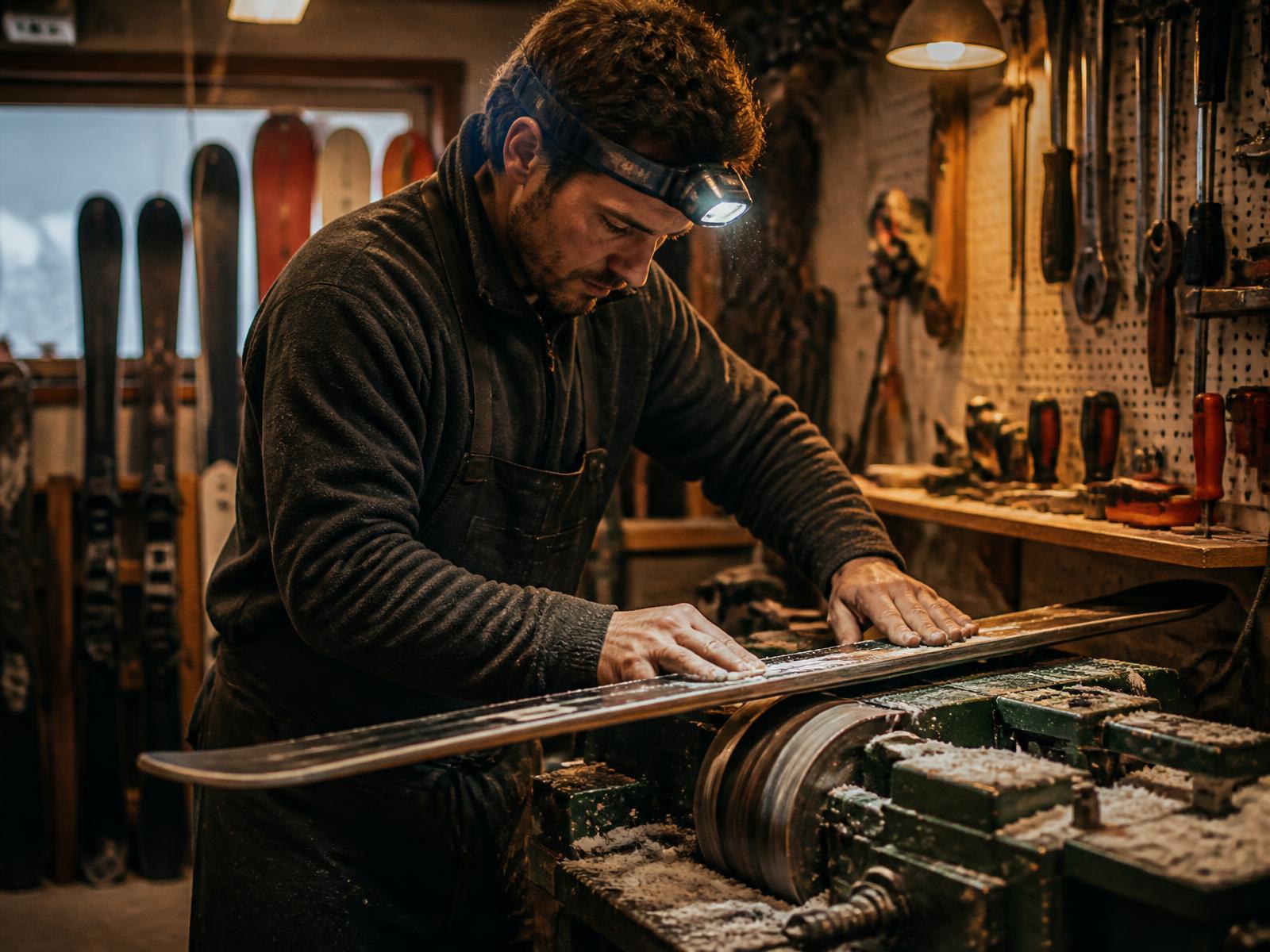 Ski technician running a ski across a belt grinder in a shop tuning room with tools on a pegboard behind