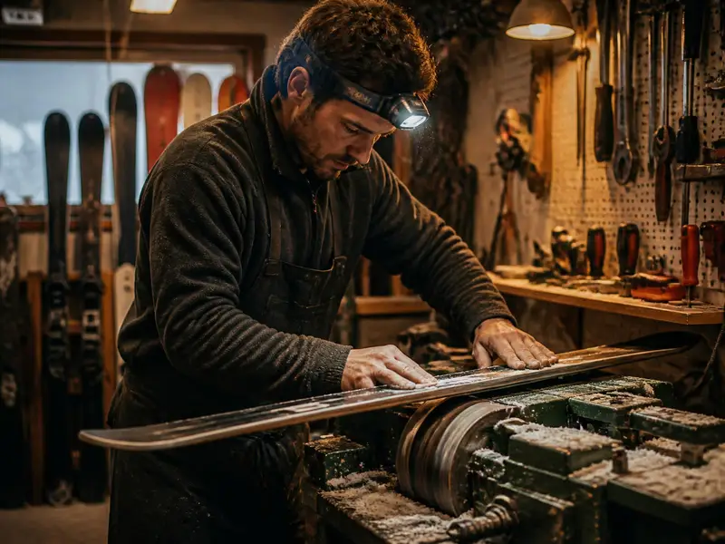 Ski technician running a ski across a belt grinder in a shop tuning room with tools on a pegboard behind