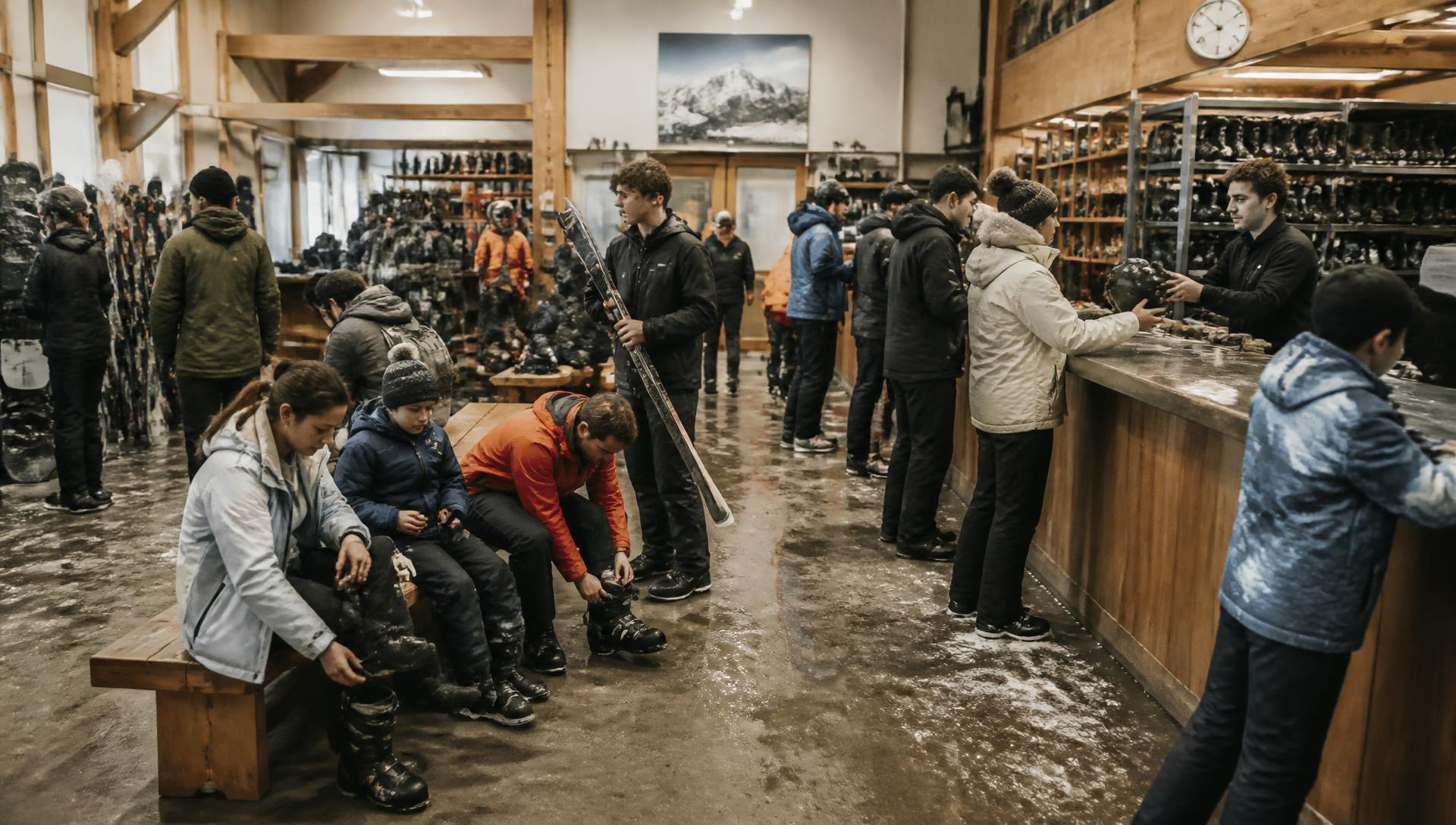 A busy ski and snowboard rental shop on a winter morning, families pulling on ski boots along a wooden bench, staff carrying skis across a wet floor and handing a helmet across the counter, customers queuing beside racks of boots
