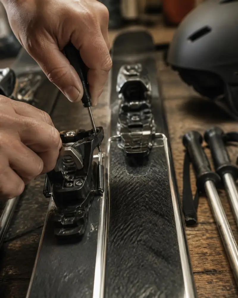 Close view of a technician's hands using a small screwdriver on the toe piece of a black alpine ski binding, skis lying on a wooden workbench with a helmet and a pair of poles beside them
