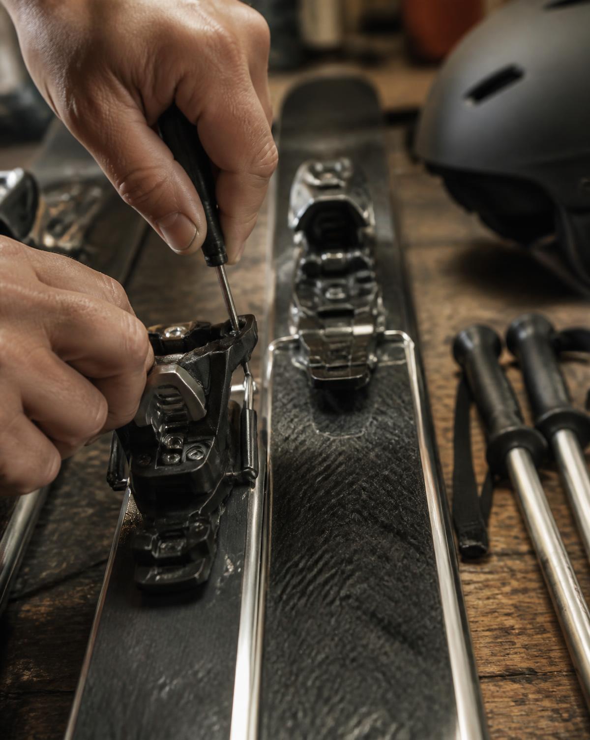 Close view of a technician's hands using a small screwdriver on the toe piece of a black alpine ski binding, skis lying on a wooden workbench with a helmet and a pair of poles beside them