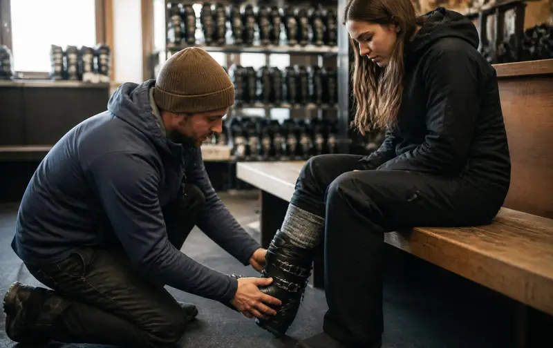 A rental shop staff member kneeling on the floor of a boot room, both hands on the cuff of a black ski boot as he adjusts the buckle for a seated customer looking down at her foot, wall of ski boots behind them