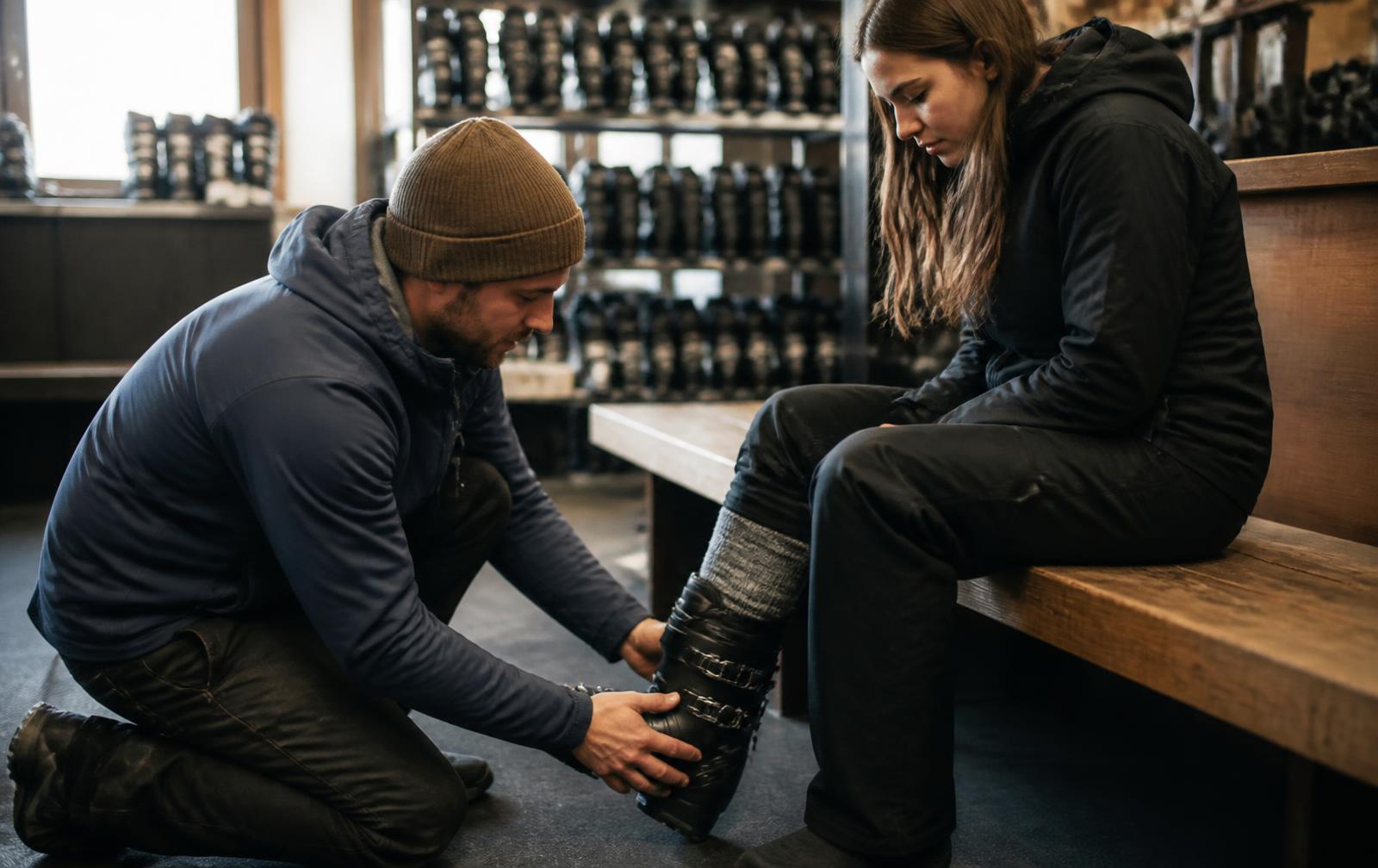 A rental shop staff member kneeling on the floor of a boot room, both hands on the cuff of a black ski boot as he adjusts the buckle for a seated customer looking down at her foot, wall of ski boots behind them