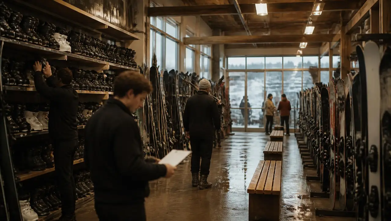 Early morning inside a large ski and snowboard rental room, staff pulling boots from long wall shelves and carrying skis down a wet concrete floor between racks of skis and snowboards, first customers visible through the windows at the far end
