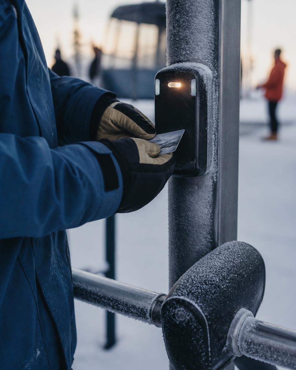 Gloved hand scanning a lift pass at a frosted lift gate scanner