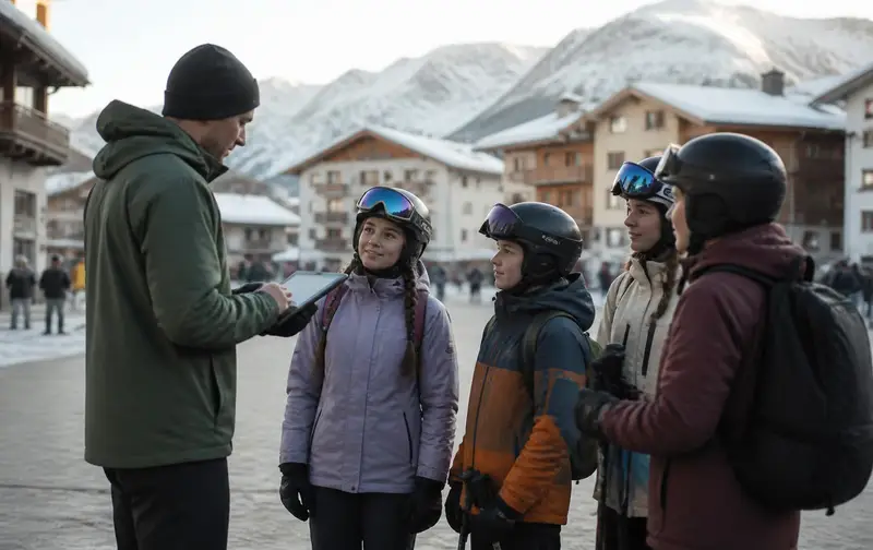 Ski school instructor checking in a group of young students on a tablet at a mountain base village meeting area
