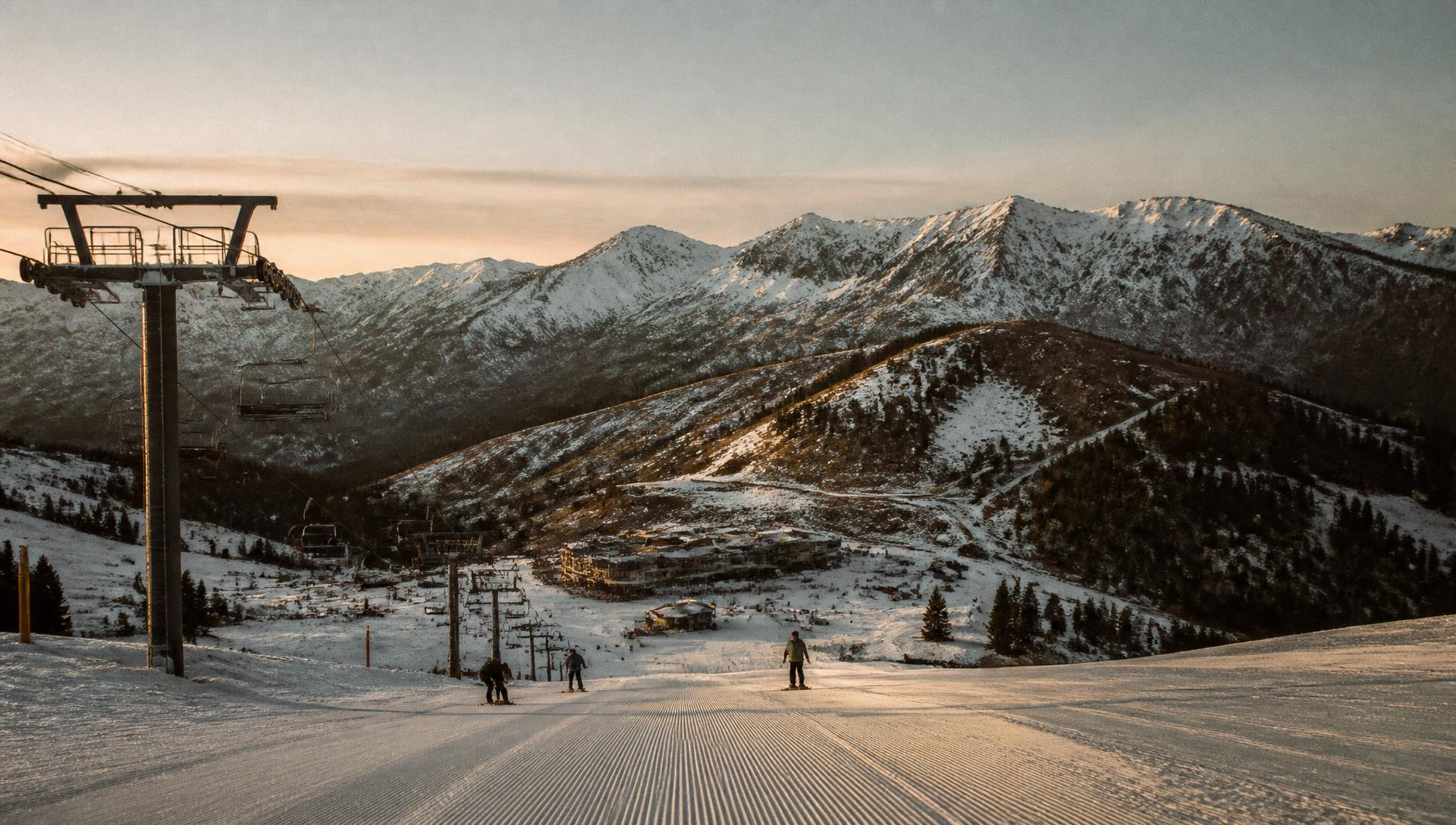 First light on freshly groomed corduroy at the base area with lift towers silhouetted against a dawn sky
