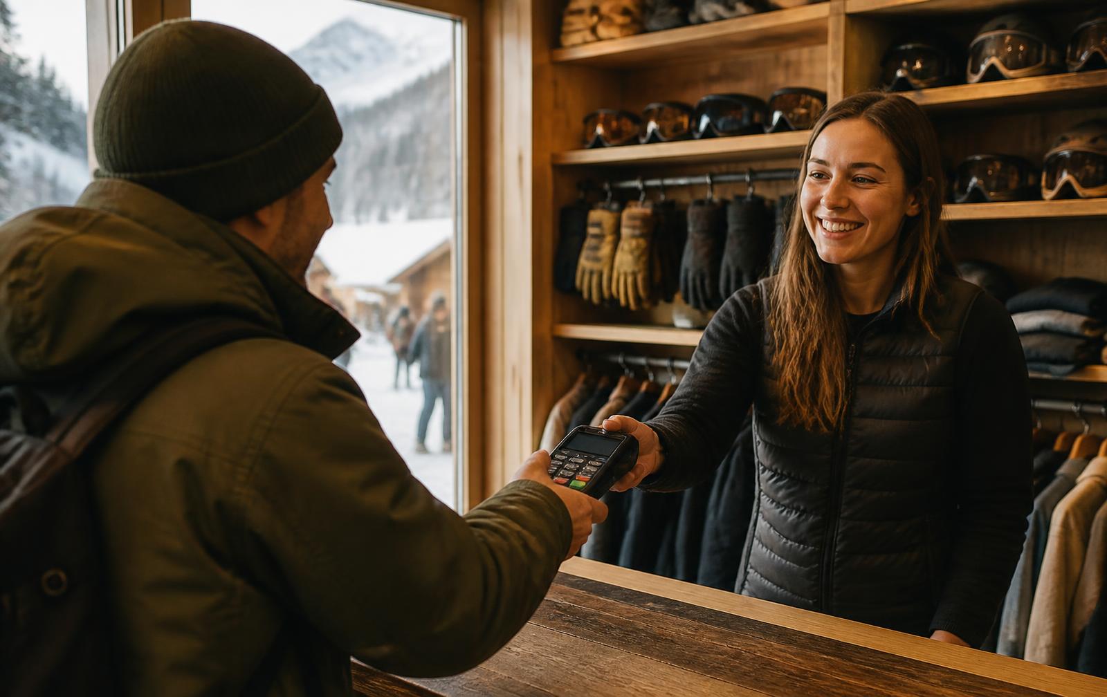 Resort shop staff member handing a card terminal to a guest at a wooden counter, with goggles, gloves and apparel on shelves behind