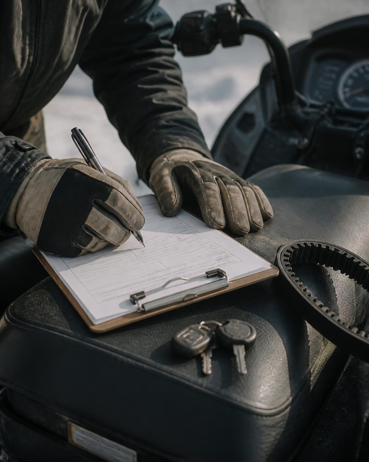 Gloved hands filling out a service work order on a clipboard resting on a snowmobile seat, keys and a drive belt beside it