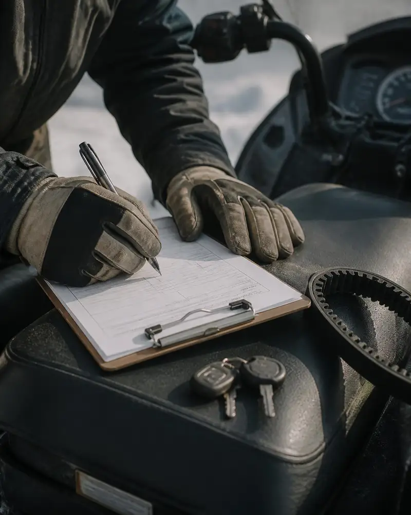 Gloved hands filling out a service work order on a clipboard resting on a snowmobile seat, keys and a drive belt beside it