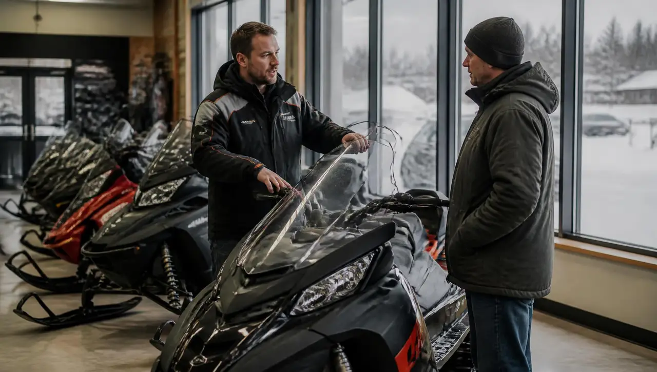 Salesperson talking with a customer beside a row of new snowmobiles on a dealership showroom floor, snow visible through the windows