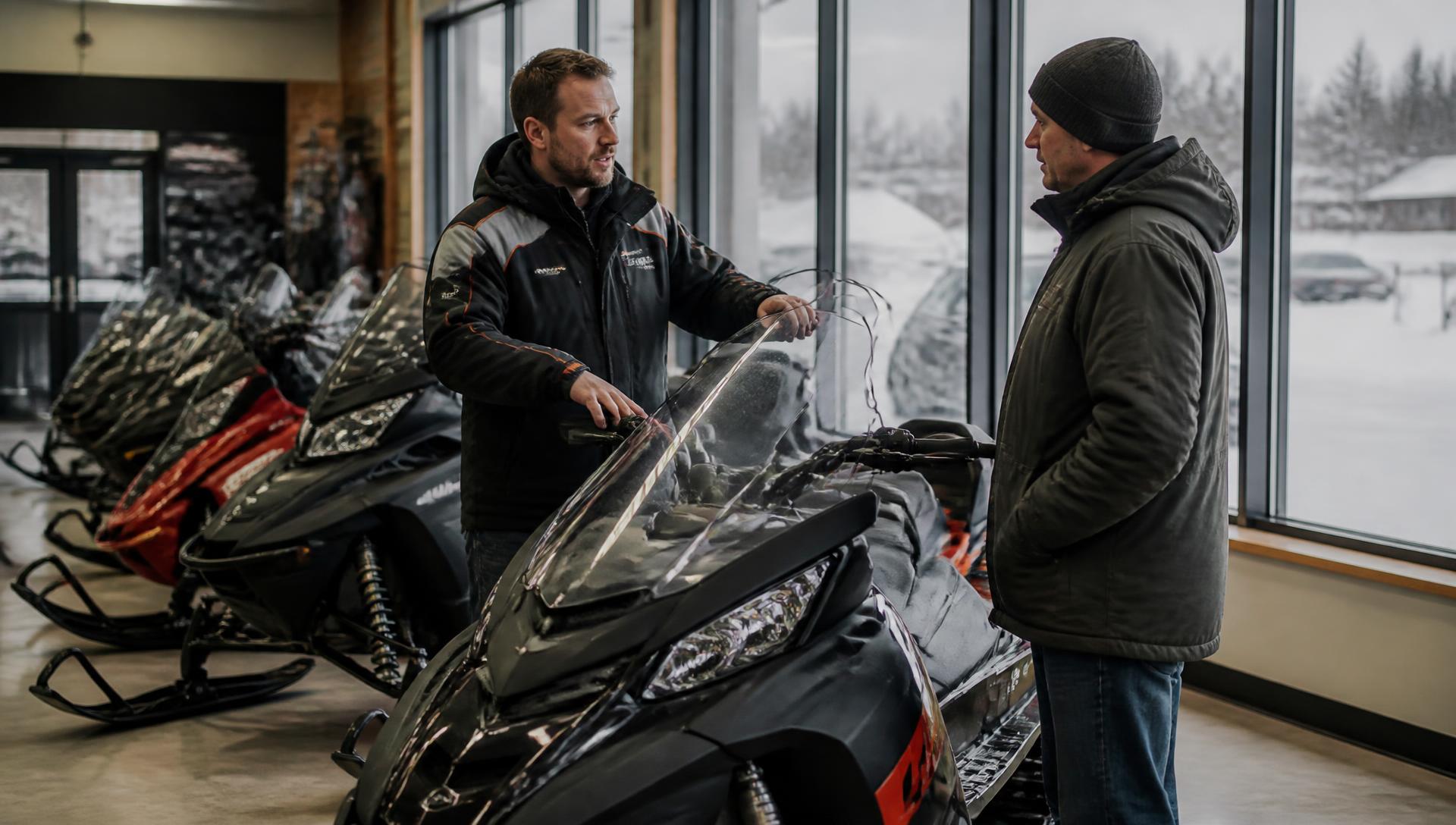 Salesperson talking with a customer beside a row of new snowmobiles on a dealership showroom floor, snow visible through the windows