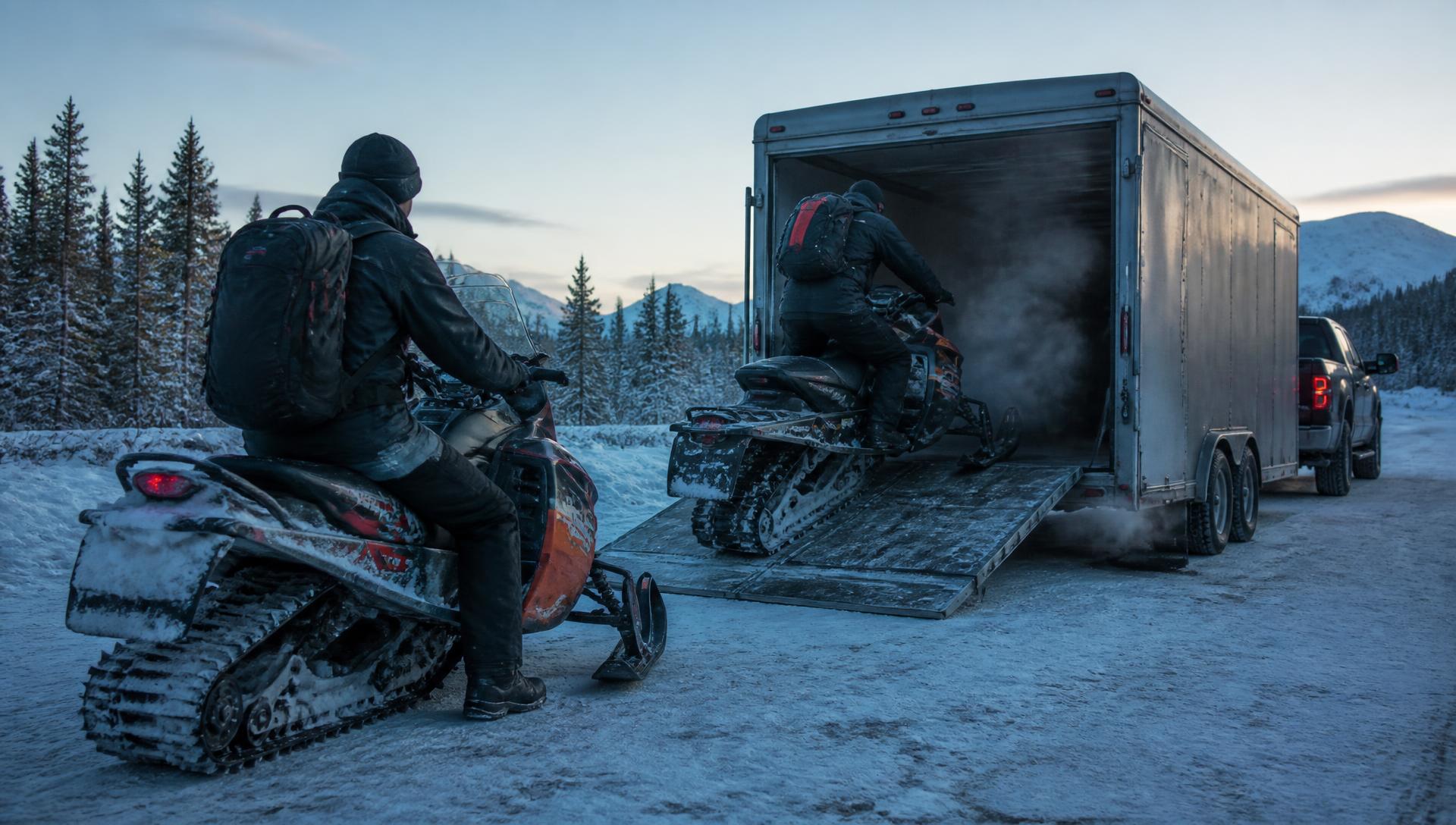 Two riders unloading snowmobiles from an enclosed trailer at a snowy trailhead at first light