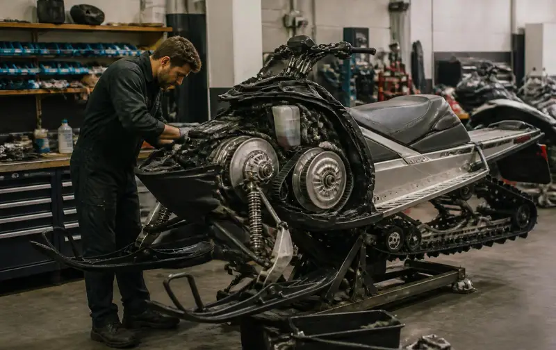Technician working on a snowmobile with the side panel removed in a dealership service bay