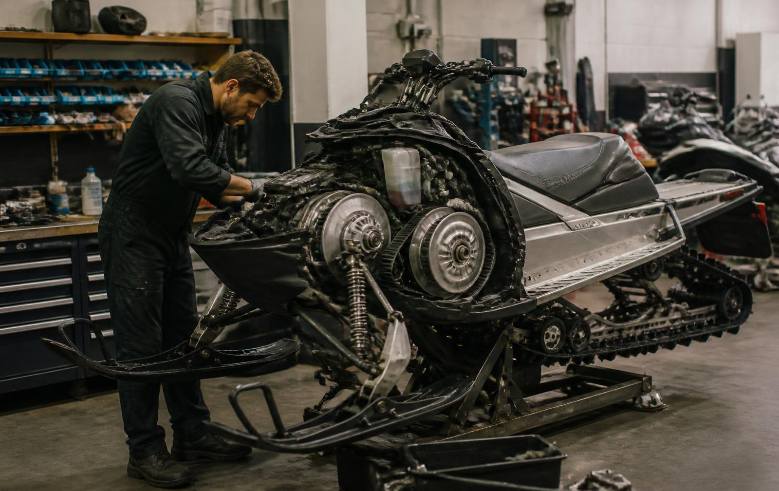 Technician working on a snowmobile with the side panel removed in a dealership service bay