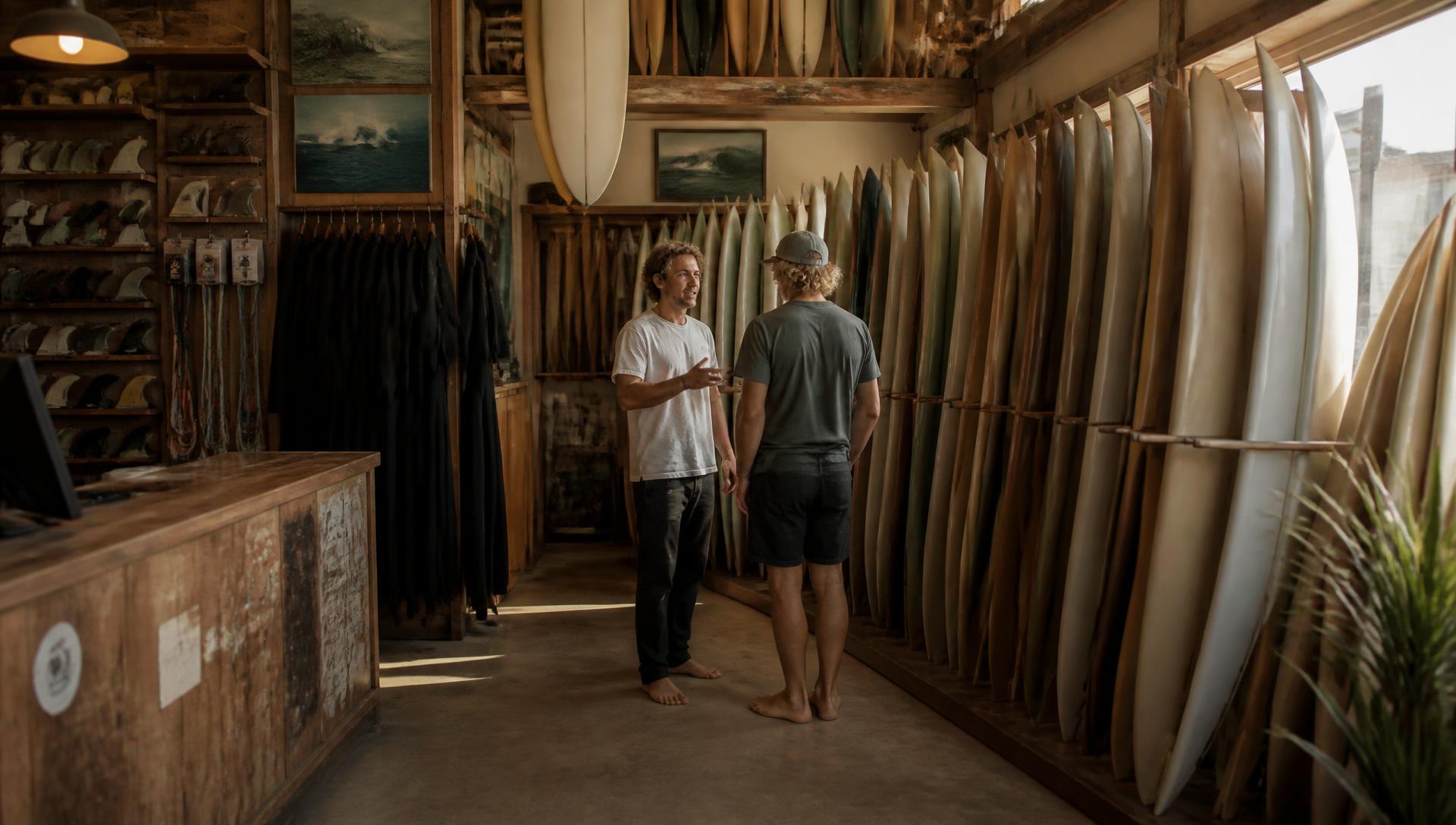 Shop employee talking with a customer inside an independent surf shop, surfboards standing in wooden racks along both walls, wetsuits on a rail and fins on the wall behind them
