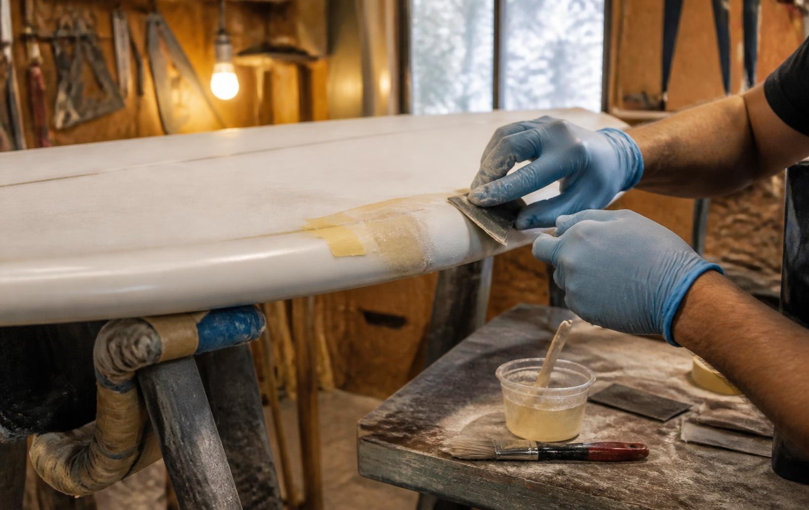 Gloved hands sanding a taped repair on the rail of a white surfboard resting on padded trestles, resin cup and brush on a dusty workshop bench