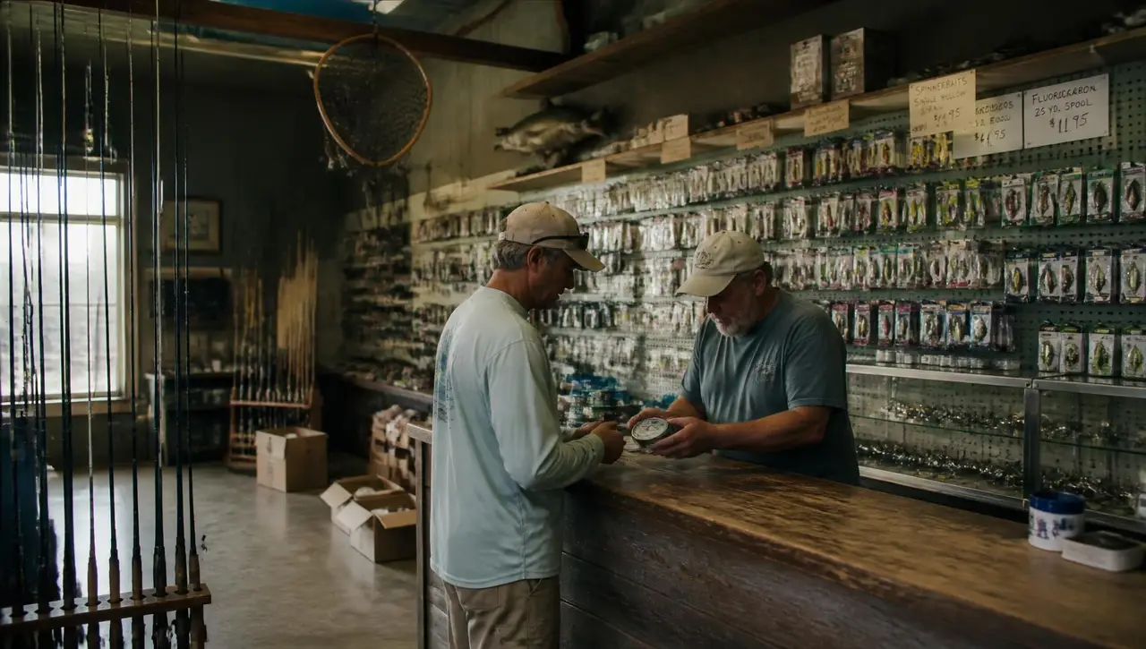 Shop owner behind the wooden counter of an independent tackle shop handing a spool of line to a customer, with a full pegboard wall of lures and terminal tackle behind them and a rack of rods to one side