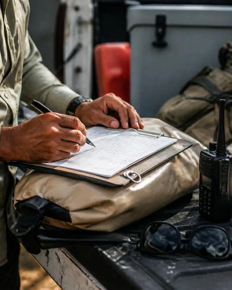 Guide's hands filling out a trip manifest on a clipboard beside a two-way radio and sunglasses