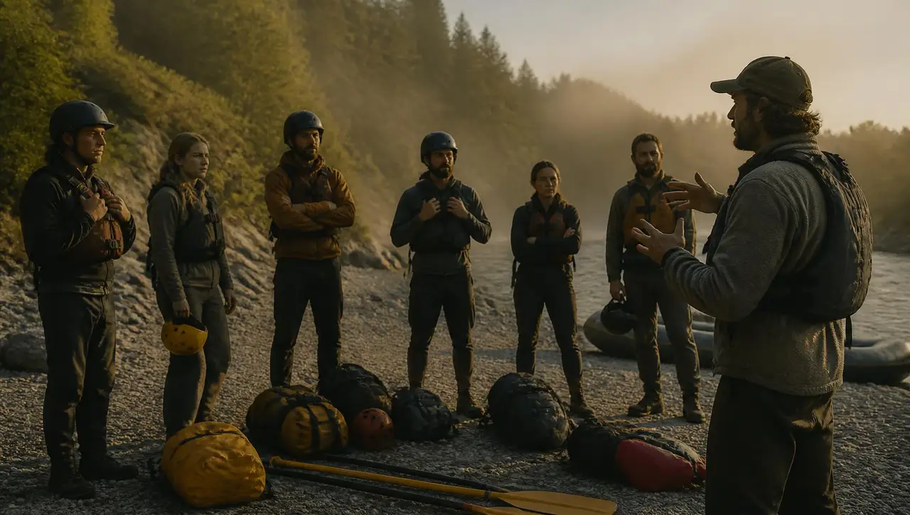 Adventure guide briefing a small group of guests beside a river at first light, dry bags and paddles on the ground