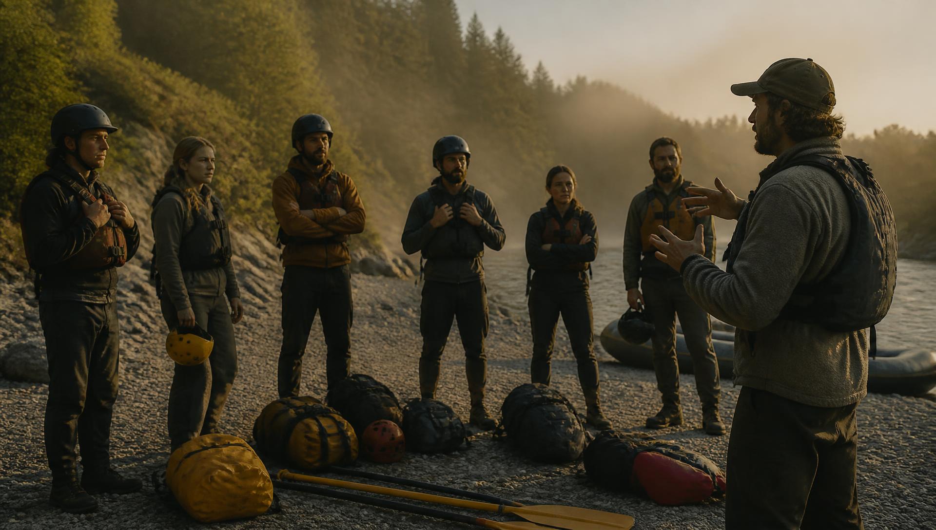 Adventure guide briefing a small group of guests beside a river at first light, dry bags and paddles on the ground