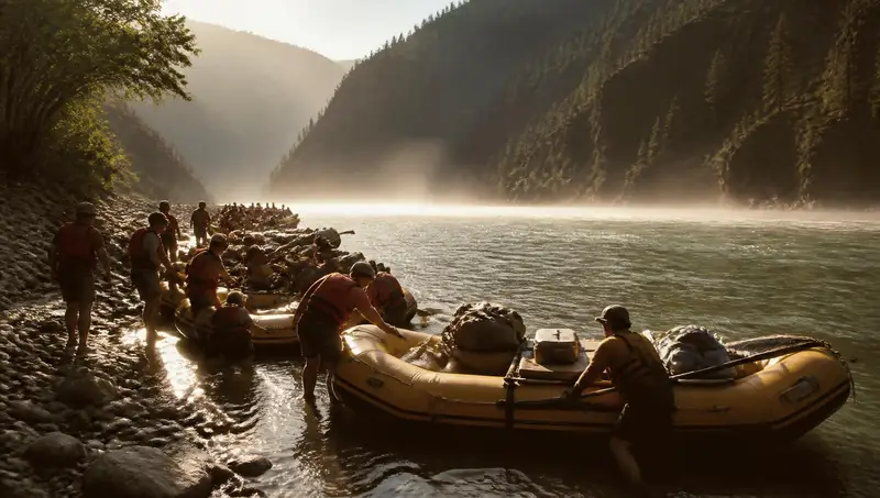 Rafts launching into misty water at dawn as guides push off from a rocky riverbank