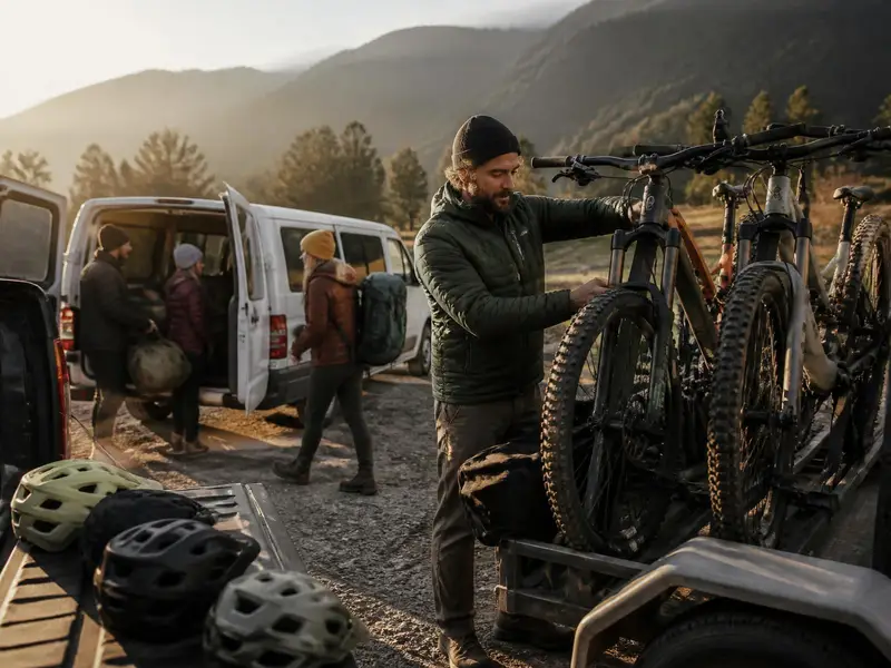 Tour guide unloading mountain bikes from a trailer while guests load duffels into a van at dawn