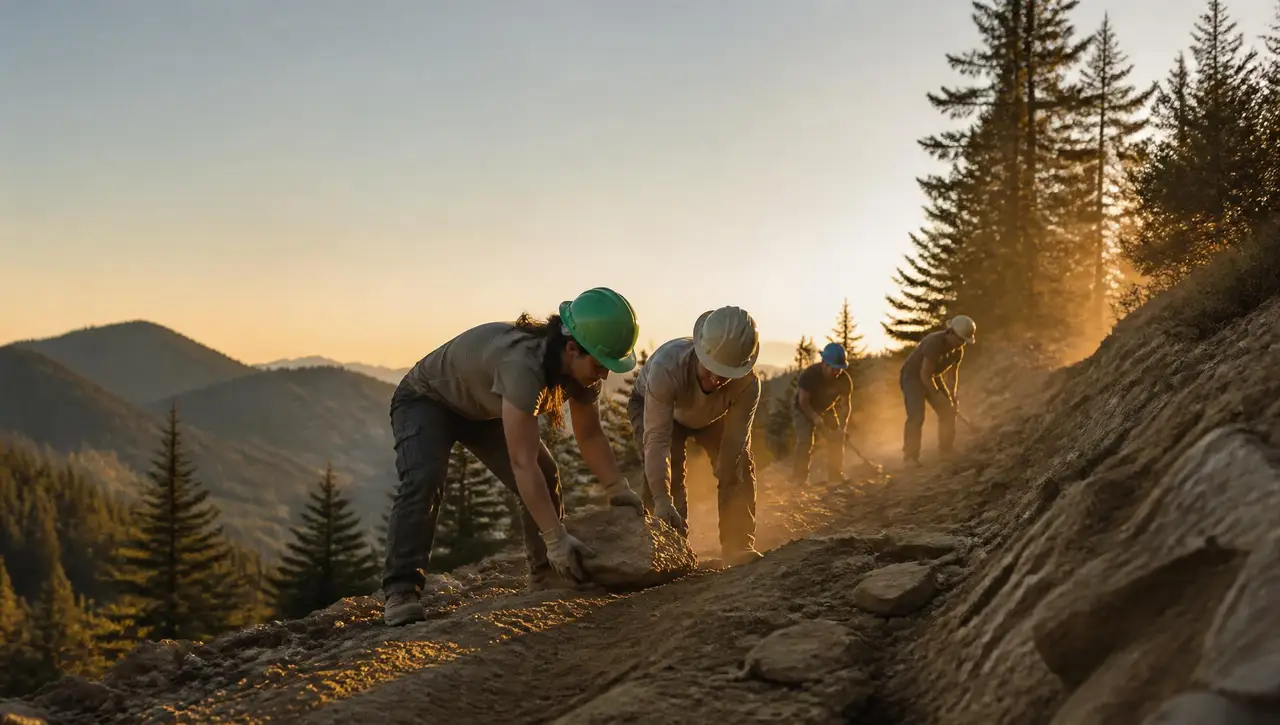 A trail crew moving rock and shaping a mountain trail in low golden light
