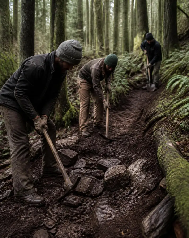 Volunteers doing trail maintenance on a forested mountain biking and hiking trail in the Pacific Northwest