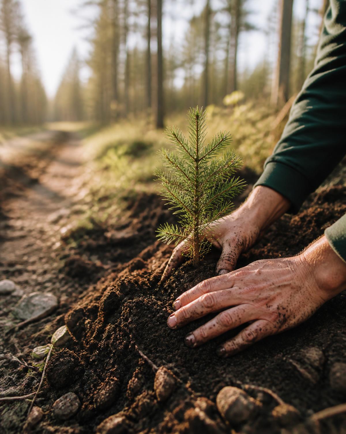 A volunteer pressing soil around a young conifer sapling beside a forest path