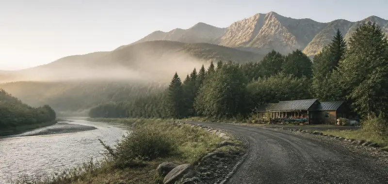 Mist over a river valley at sunrise with a small outfitter building at the forest edge