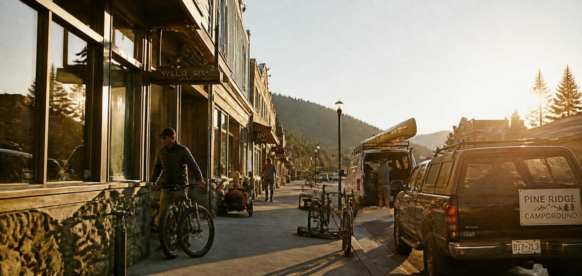 Outdoor businesses opening for the day on a mountain town main street, with a bike shop, outfitter van and campground truck in warm morning light
