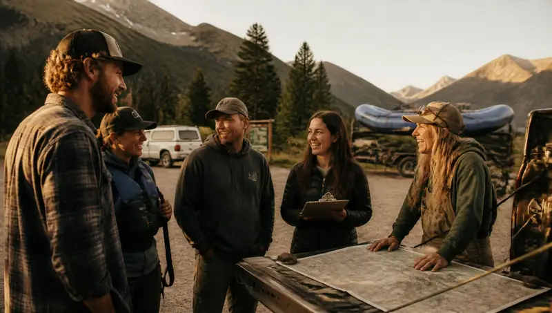 Owners of a bike shop, raft outfitter, campground and marina talking together around a truck tailgate at a mountain trailhead