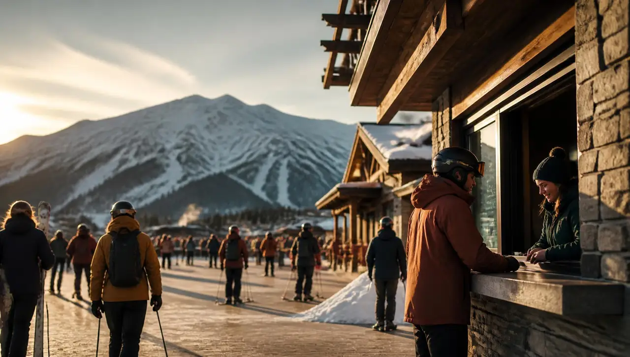 Skiers moving through a mountain resort base area at golden hour while a guest is served at an outdoor ticket window