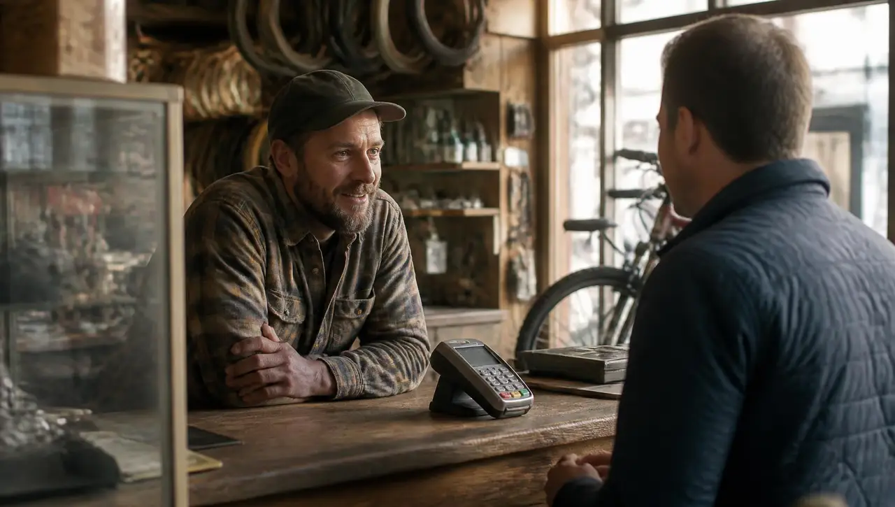 A bike shop owner leaning on the counter talking with a customer beside a card payment terminal