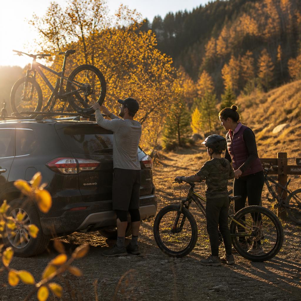 Family unloading bikes from a car rack at a golden autumn trailhead