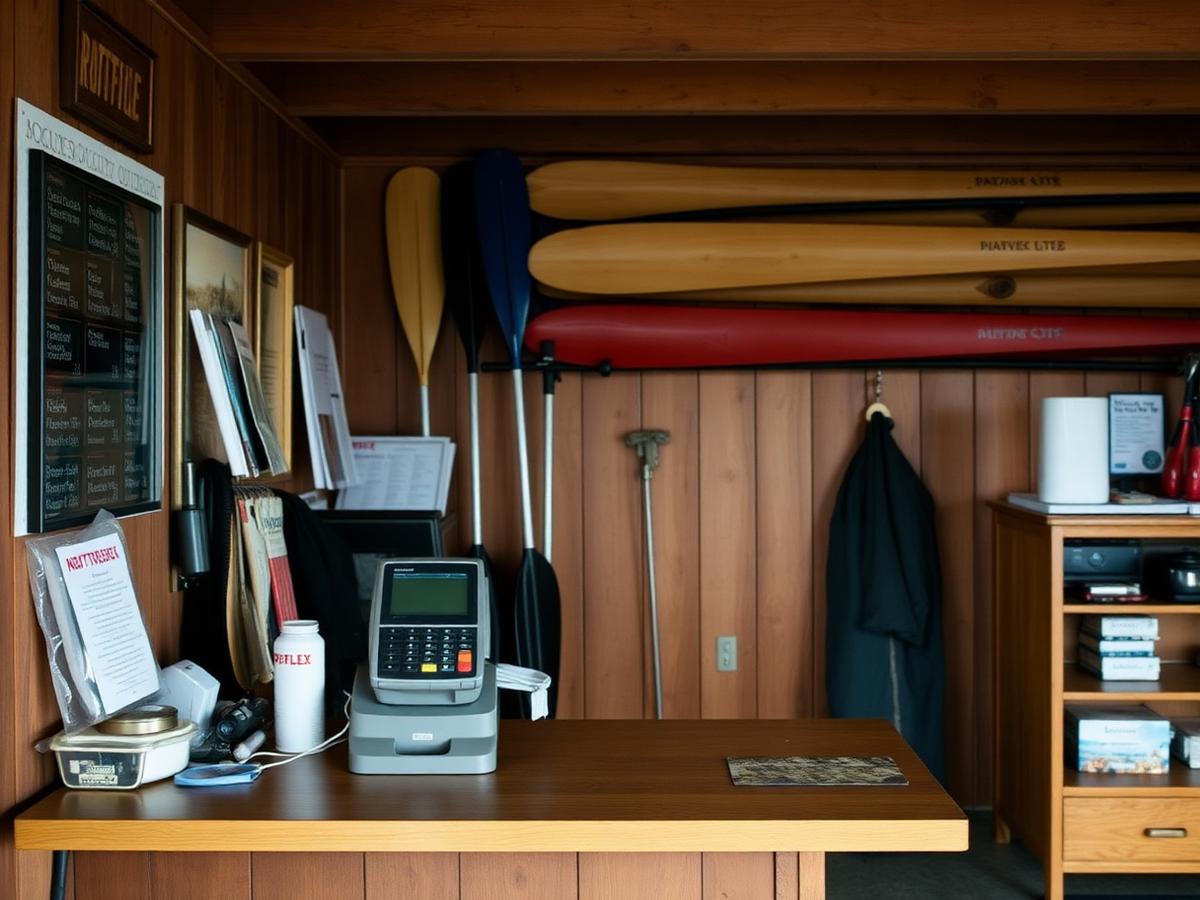 Rental counter at a lakeside outfitter with a card terminal and paddles
