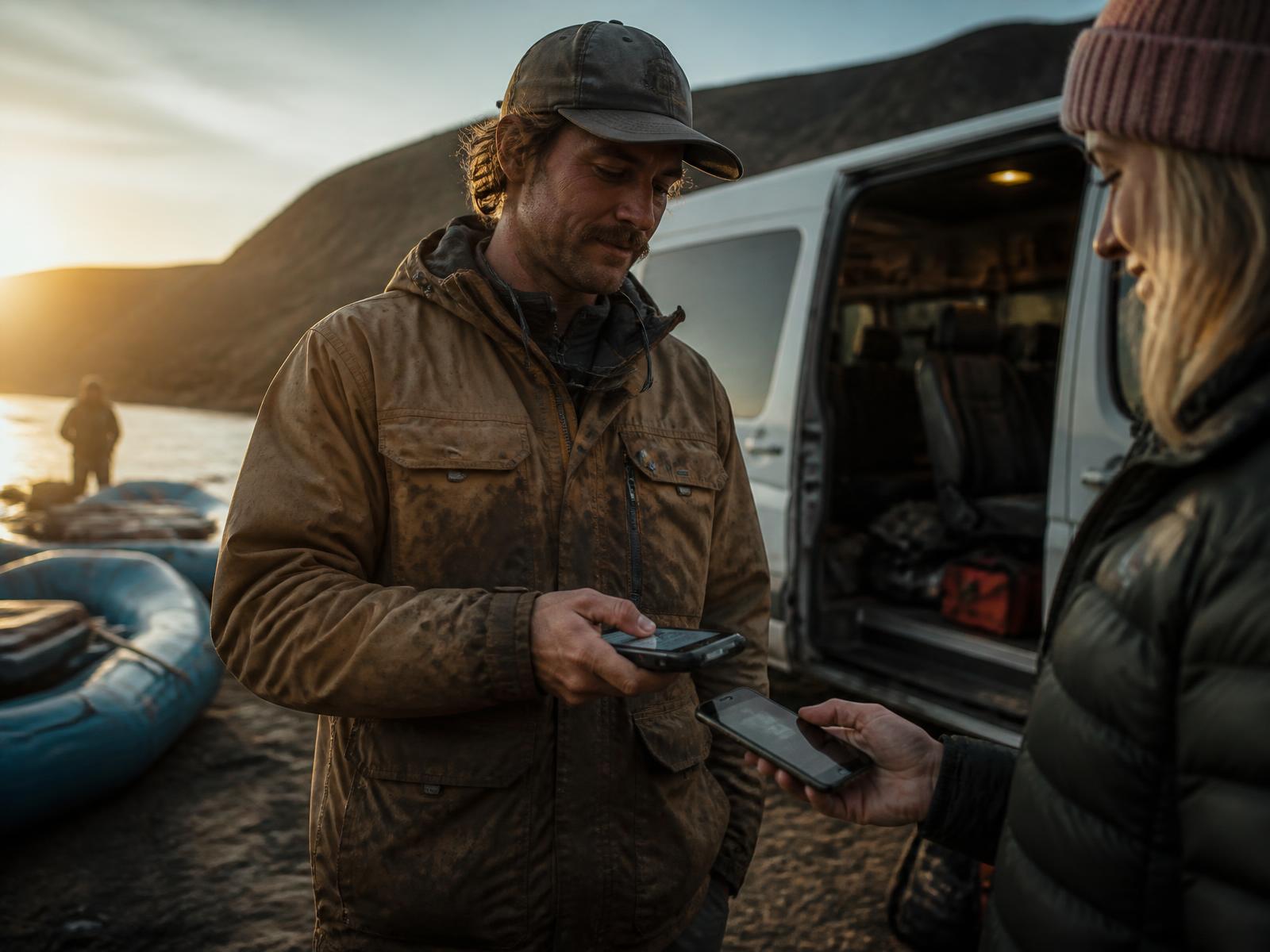 A raft guide at a river put-in taking payment from a guest on a phone at sunrise
