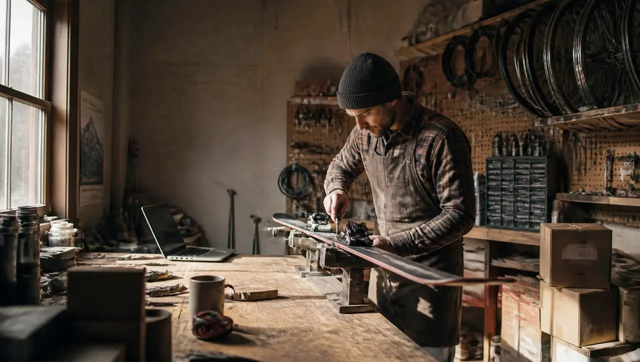 Technician in a canvas apron tuning a ski clamped in a vise at the workbench of an independent outdoor gear shop, tools and parts bins on the pegboard behind him