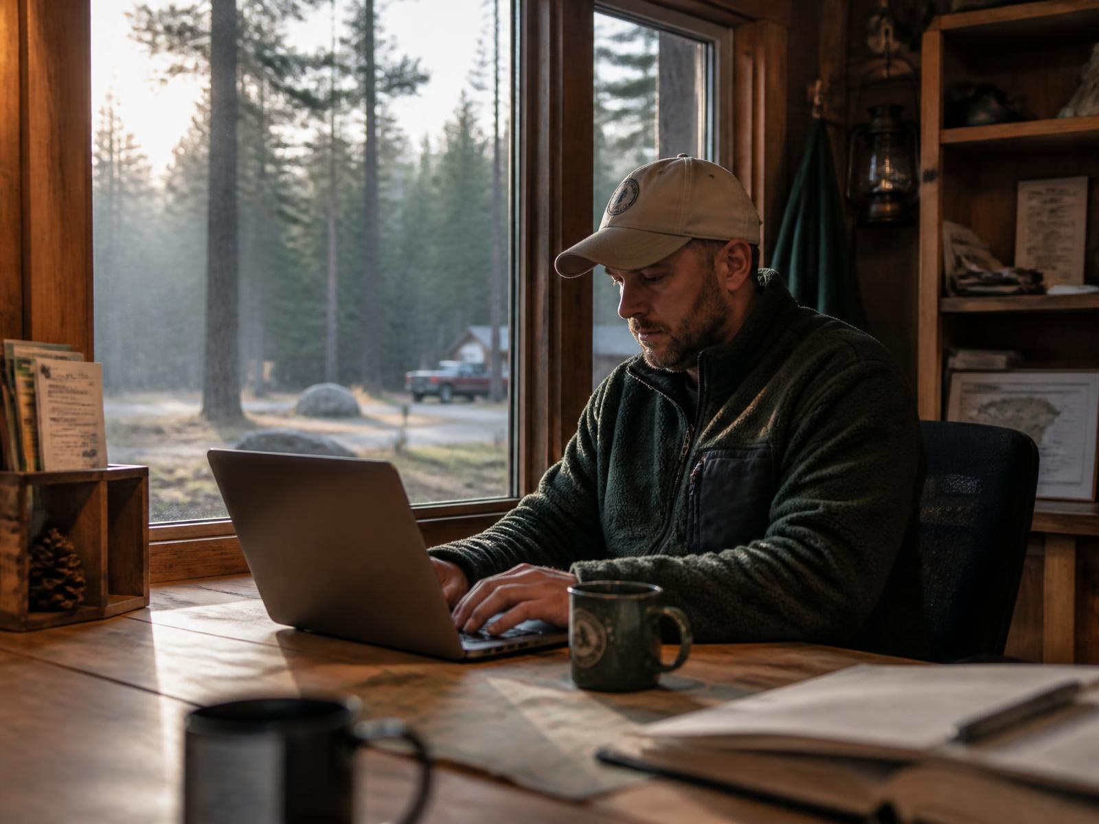 A campground host taking an online reservation on a laptop in a timber office at dawn
