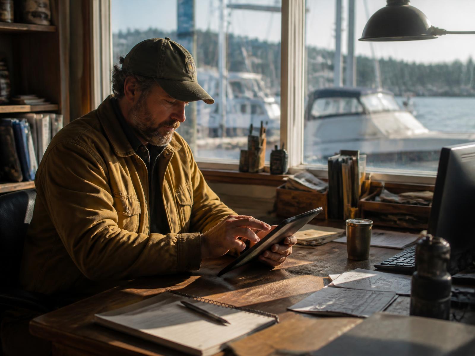 A marina manager reviewing slip invoices on a tablet in a harbour-side office